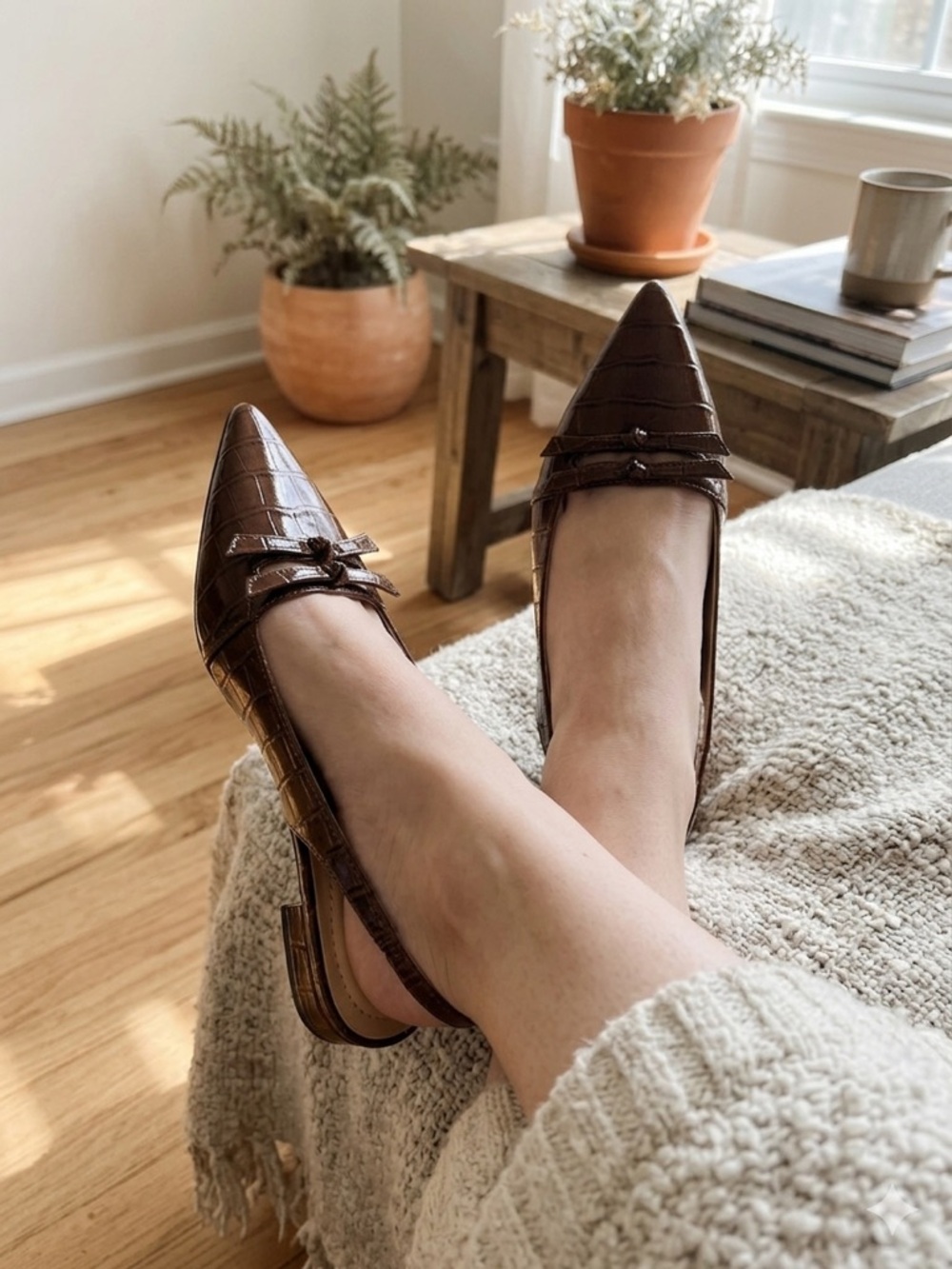 Bandolino Aleeza Slingback Flats Brown Croco Bow Pointed Toe Size 9M - NIB